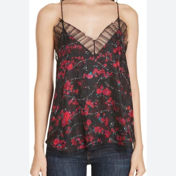 IRO Women's Size 36 Small Dasher Floral Lace Cami Top Black Red Viscose Tank S - Picture 1 of 8
